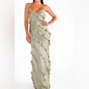Show Me Your Mumu Romance Ruffle Dress in Moss Green Satin Luxe